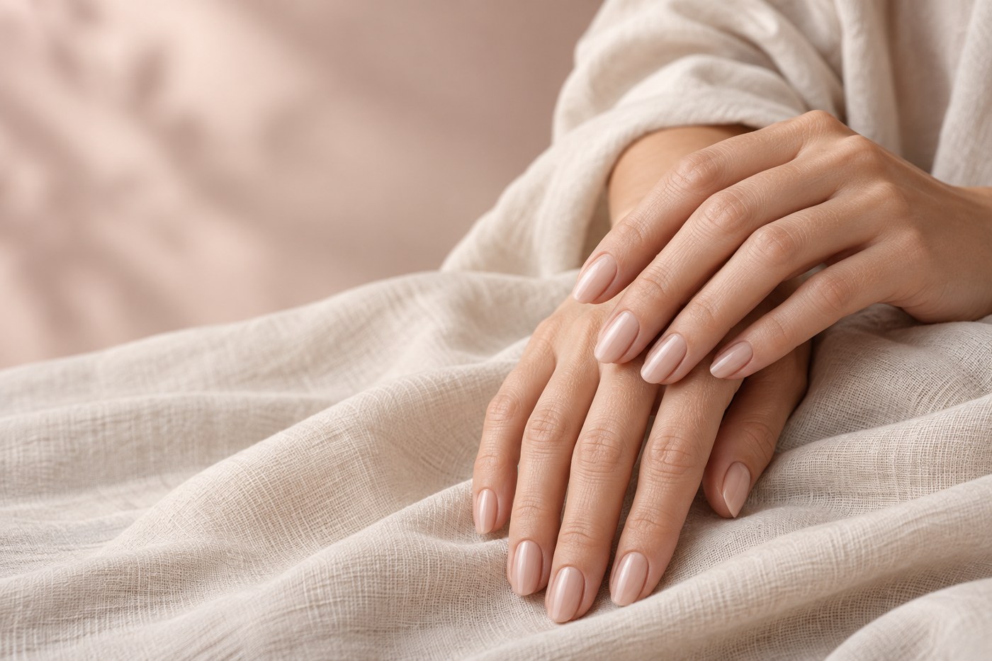Manicured hands resting on light fabric