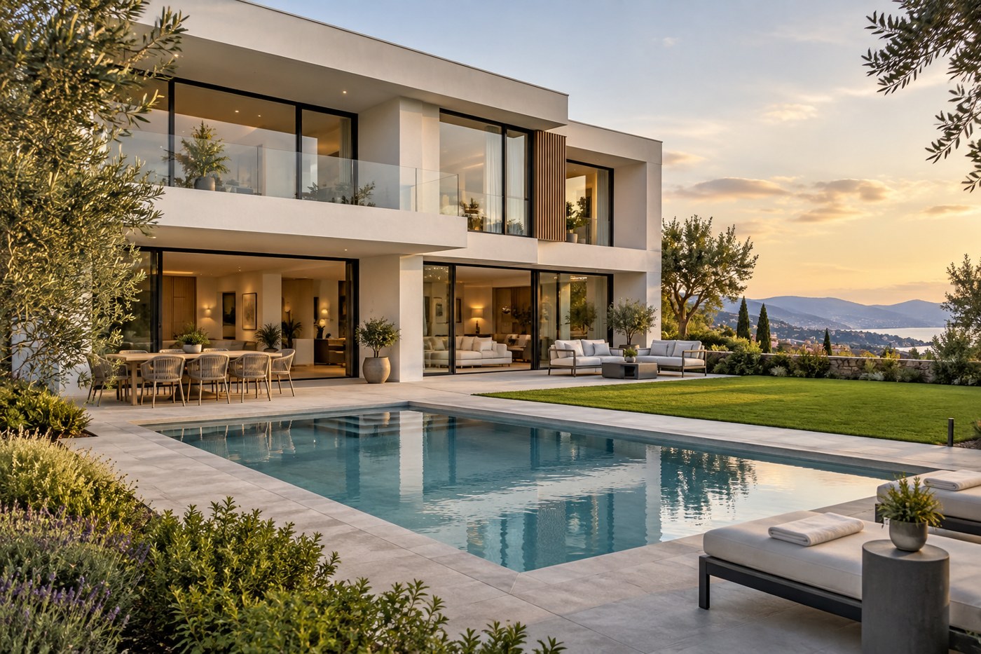 Contemporary home with large windows and a pool