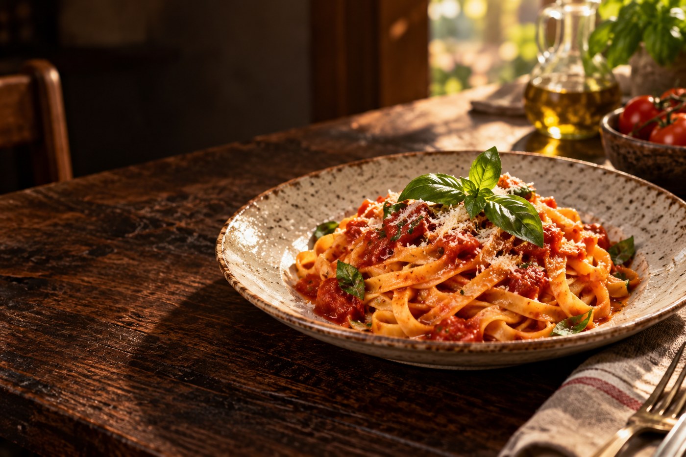 Italian pasta with basil on a restaurant table